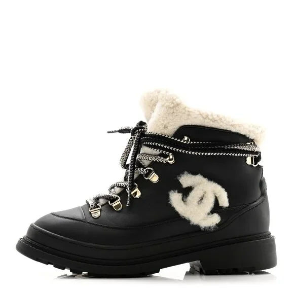 Chanel Calfskin Shearling CC Lace Up Boots 36.5 Black - Picture 2 of 11